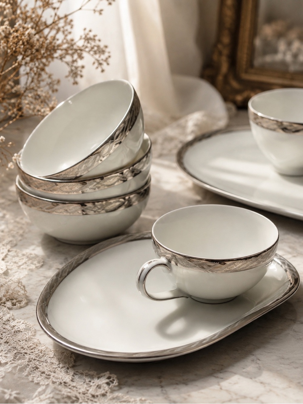 Elegant vintage White Porcelain Tea Cup and Saucer with Silver Trim Fukigawa